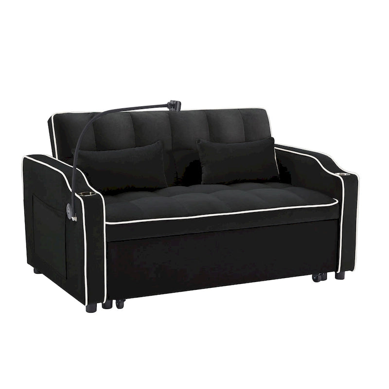 Canapé-lit pliable et polyvalent en velours avec dossier réglable, port USB et support pour téléphone