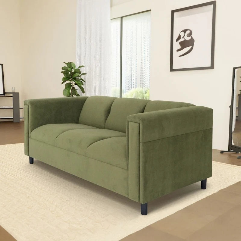 Canapé 3 places Coast to Coast Sofas, style moderne du milieu du siècle, revêtement en daim, structure en bois massif.