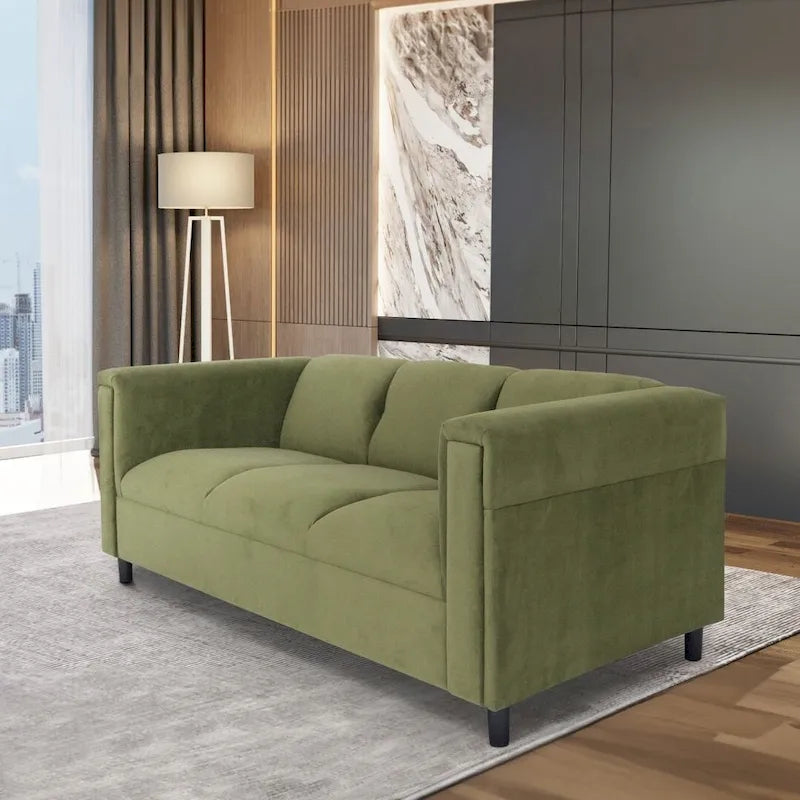 Canapé 3 places Coast to Coast Sofas, style moderne du milieu du siècle, revêtement en daim, structure en bois massif.