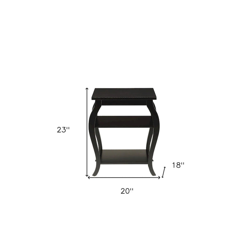 Table d'appoint HomeRoots 23 en bois noir avec pieds arqués et deux étagères - 51 cm (L) x 46 cm (P) x 58 cm (H)