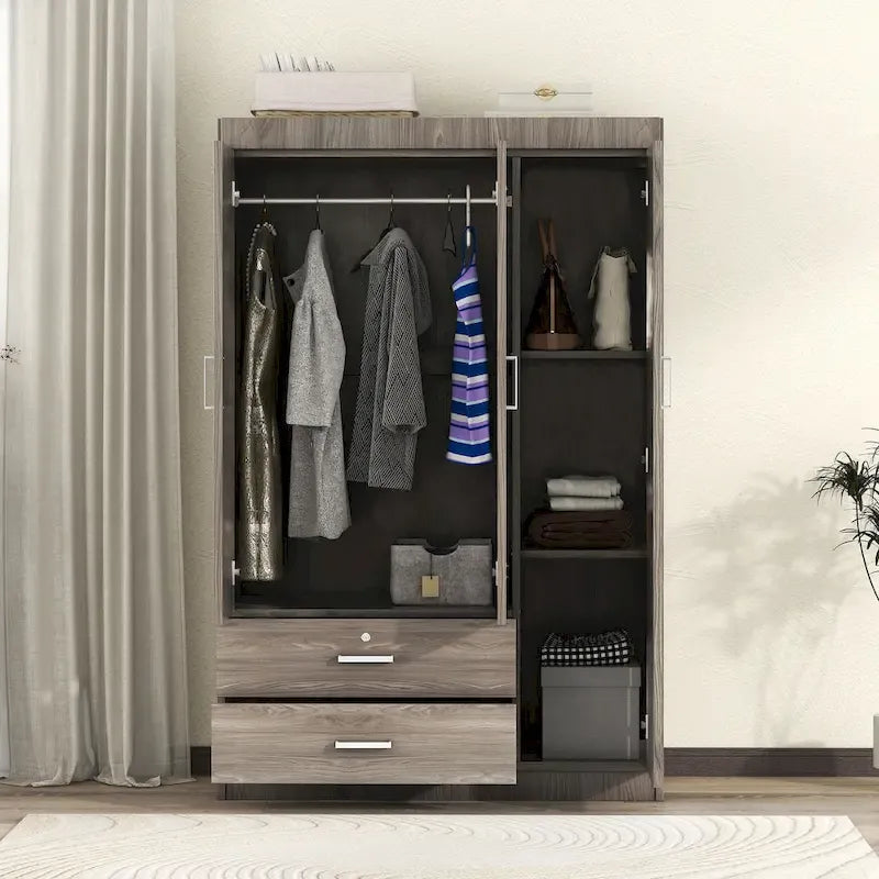 3-Door Wardrobe with 2 Drawers, Wood Grain Effect