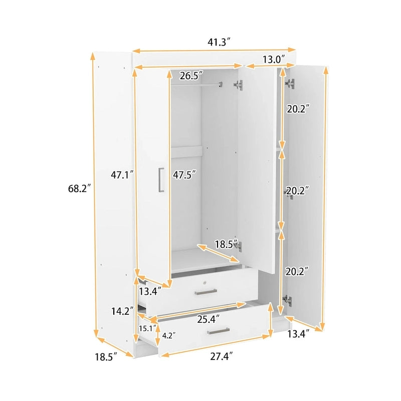 3-Door Wardrobe with 2 Drawers, Wood Grain Effect
