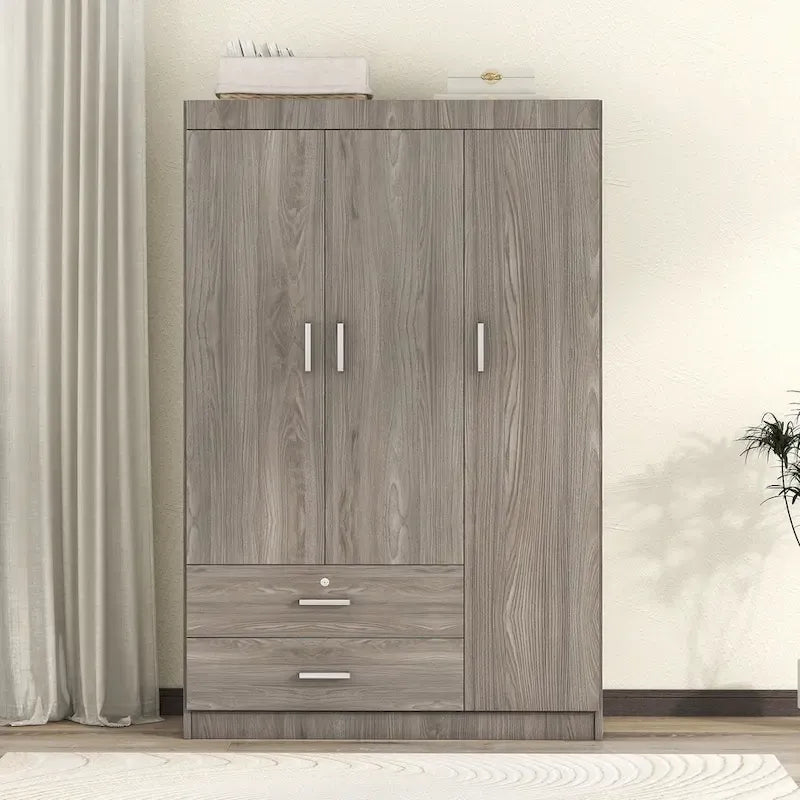 3-Door Wardrobe with 2 Drawers, Wood Grain Effect