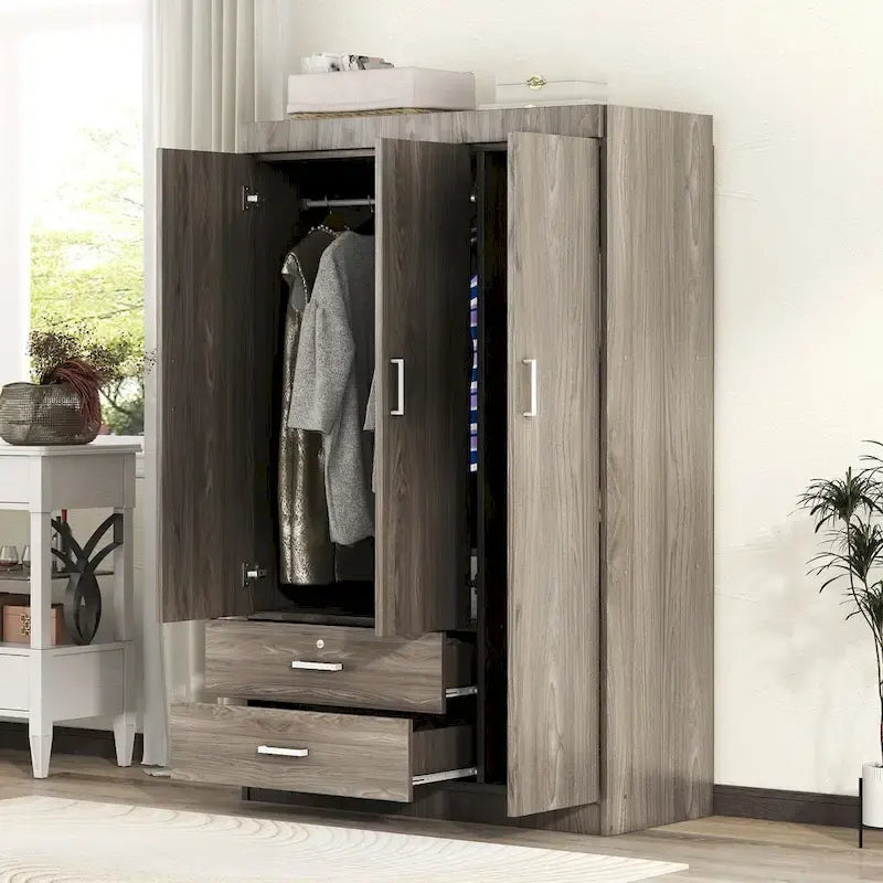 3-Door Wardrobe with 2 Drawers, Wood Grain Effect