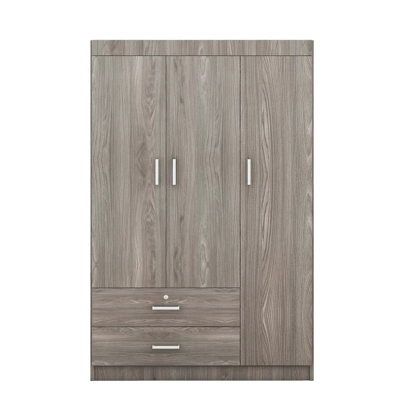 3-Door Wardrobe with 2 Drawers, Wood Grain Effect