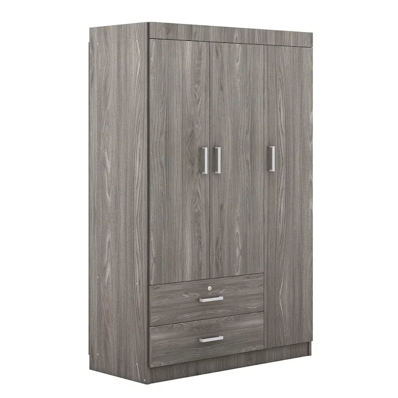 3-Door Wardrobe with 2 Drawers, Wood Grain Effect