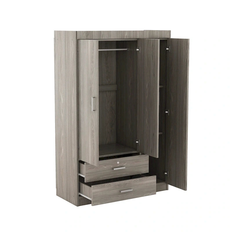 3-Door Wardrobe with 2 Drawers, Wood Grain Effect