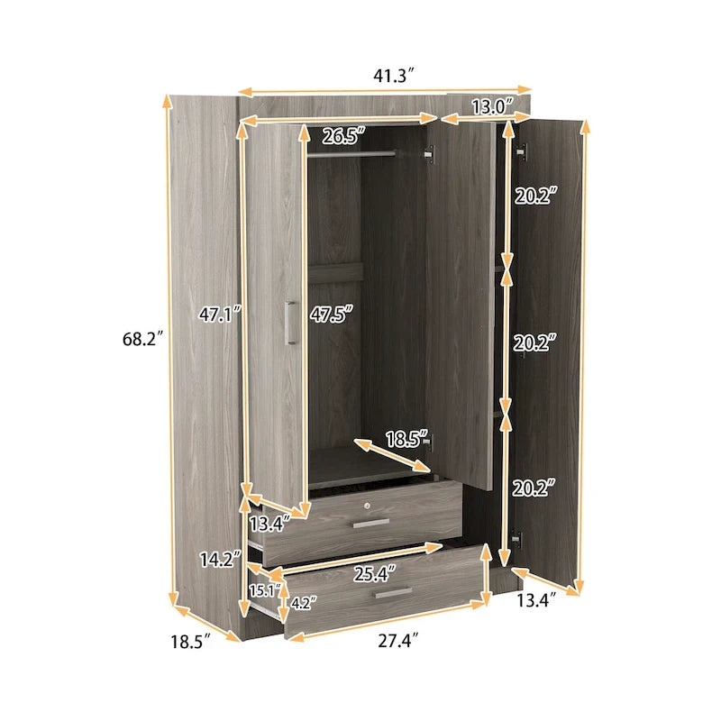 3-Door Wardrobe with 2 Drawers, Wood Grain Effect