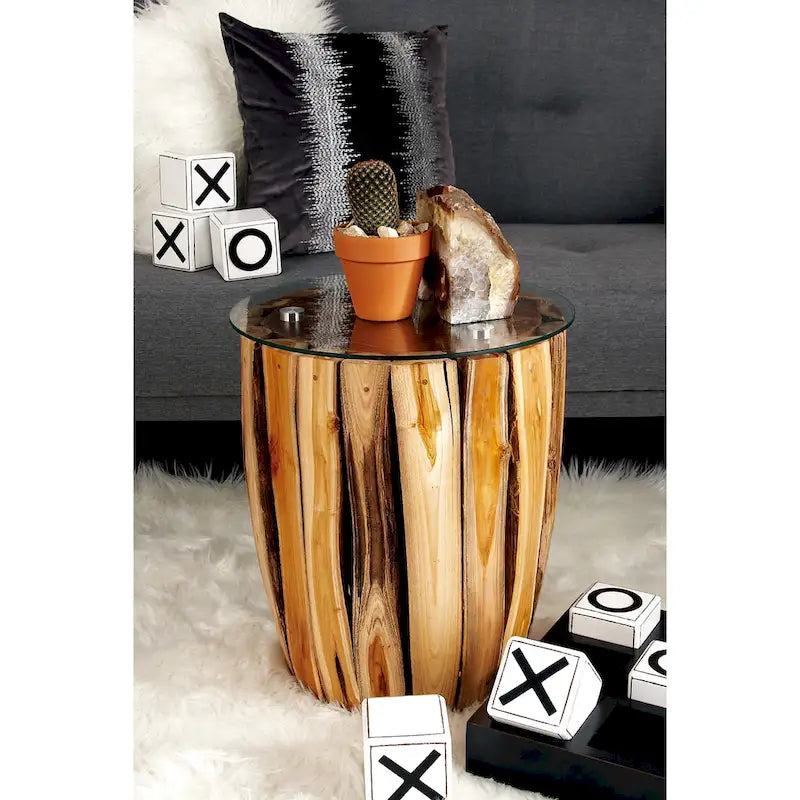 Table d'appoint artisanale en bois de teck avec plateau en verre transparent - Brun - Roche River Decor - 40,6 cm (L) x 40,6 cm (l) x 45,7 cm (H)