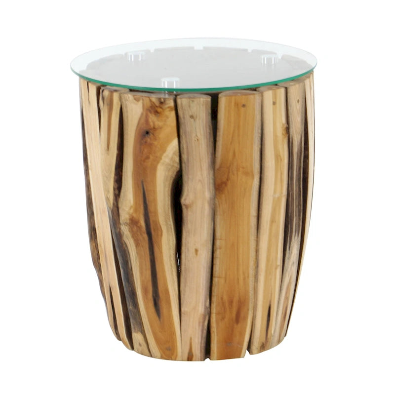 Table d'appoint artisanale en bois de teck avec plateau en verre transparent - Brun - Roche River Decor - 40,6 cm (L) x 40,6 cm (l) x 45,7 cm (H)