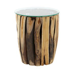 Table d'appoint artisanale en bois de teck avec plateau en verre transparent - Brun - Roche River Decor - 40,6 cm (L) x 40,6 cm (l) x 45,7 cm (H)