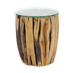 Table d'appoint artisanale en bois de teck avec plateau en verre transparent - Brun - Roche River Decor - 40,6 cm (L) x 40,6 cm (l) x 45,7 cm (H)