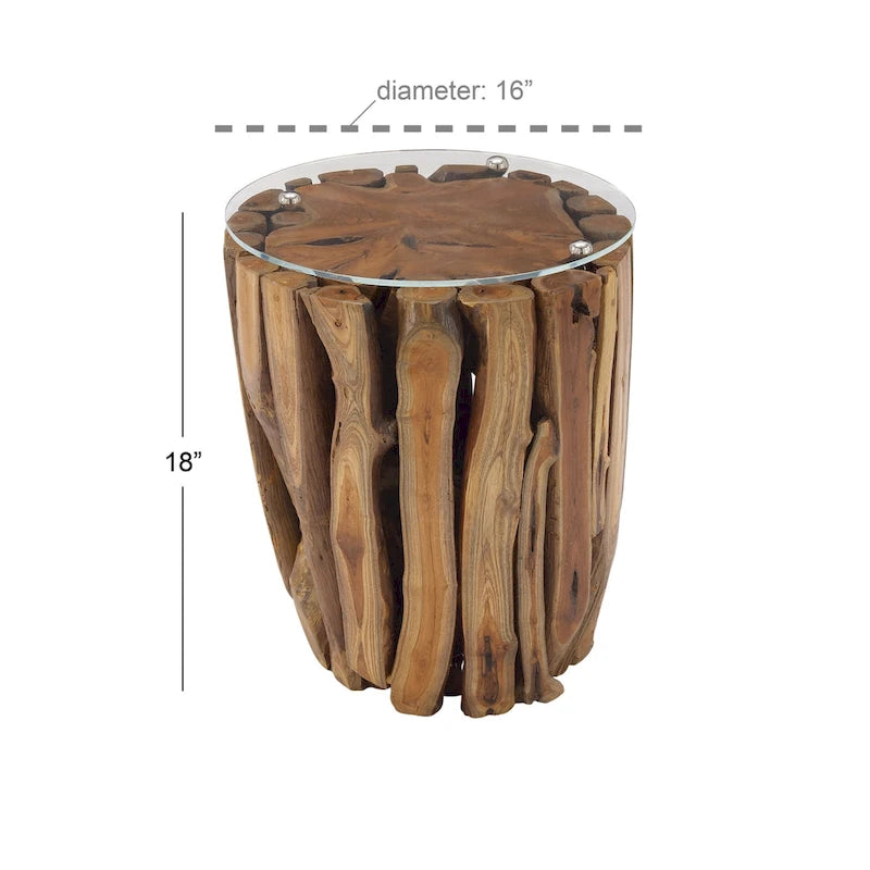 Table d'appoint artisanale en bois de teck avec plateau en verre transparent - Brun - Roche River Decor - 40,6 cm (L) x 40,6 cm (l) x 45,7 cm (H)