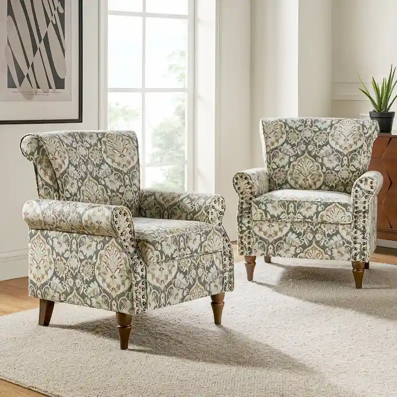 Ensemble de 2 fauteuils d'appoint Nyctelius en polyester traditionnel avec motif et garniture cloutée, par HULALA HOME