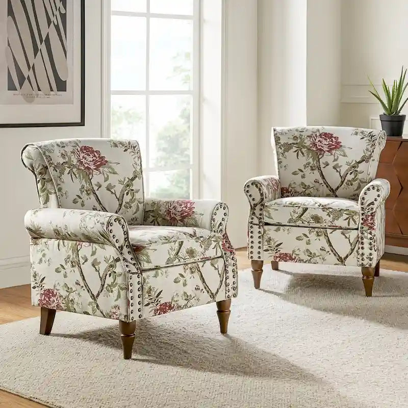 Ensemble de 2 fauteuils d'appoint Nyctelius en polyester traditionnel avec motif et garniture cloutée, par HULALA HOME