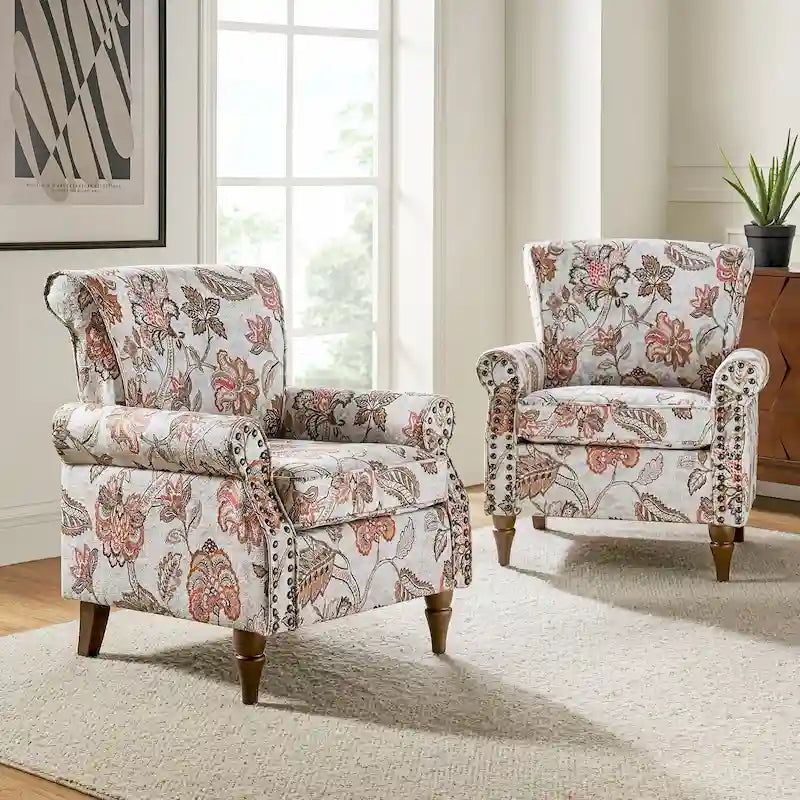 Ensemble de 2 fauteuils d'appoint Nyctelius en polyester traditionnel avec motif et garniture cloutée, par HULALA HOME