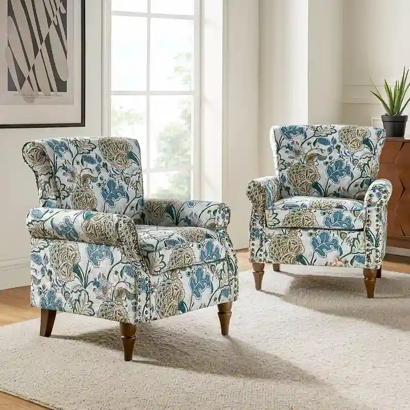 Ensemble de 2 fauteuils d'appoint Nyctelius en polyester traditionnel avec motif et garniture cloutée, par HULALA HOME