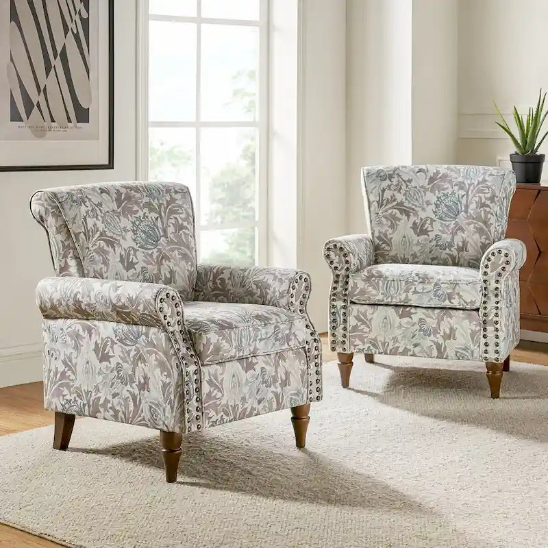 Ensemble de 2 fauteuils d'appoint Nyctelius en polyester traditionnel avec motif et garniture cloutée, par HULALA HOME