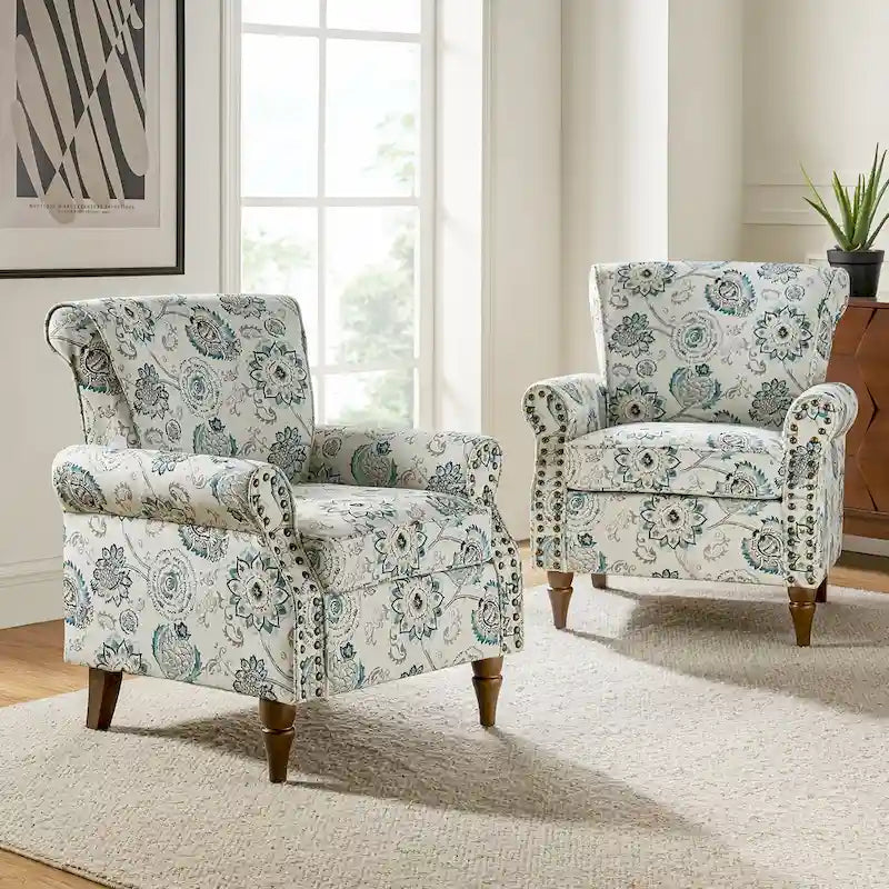 Ensemble de 2 fauteuils d'appoint Nyctelius en polyester traditionnel avec motif et garniture cloutée, par HULALA HOME