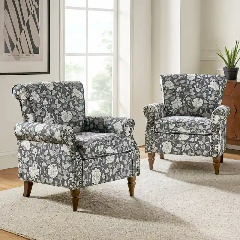 Ensemble de 2 fauteuils d'appoint Nyctelius en polyester traditionnel avec motif et garniture cloutée, par HULALA HOME