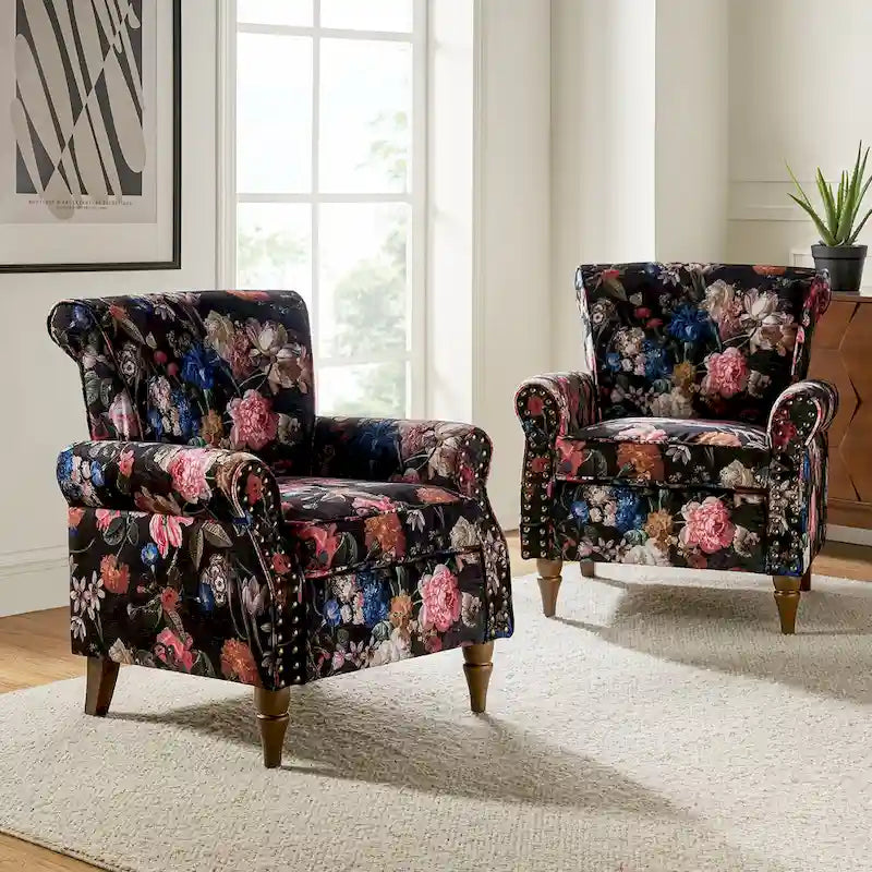 Ensemble de 2 fauteuils d'appoint Nyctelius en polyester traditionnel avec motif et garniture cloutée, par HULALA HOME