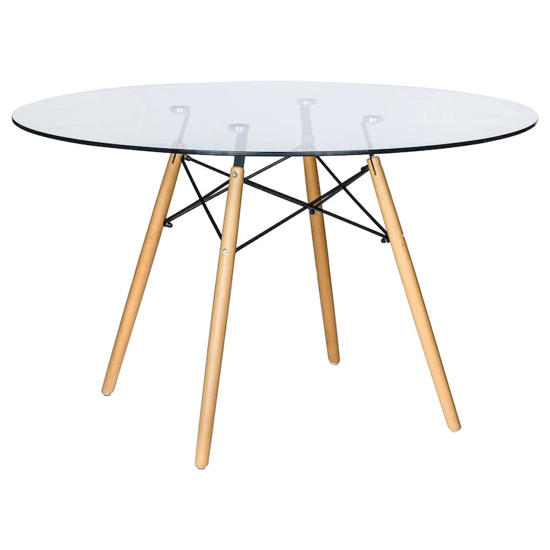 Table de salle à manger ronde moderne Dover 47 pour 4 personnes - Table classique du milieu du siècle avec plateau en verre et bois pour salon et cuisine