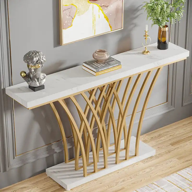 Console de 150 cm, table d'entrée en faux marbre doré et blanc