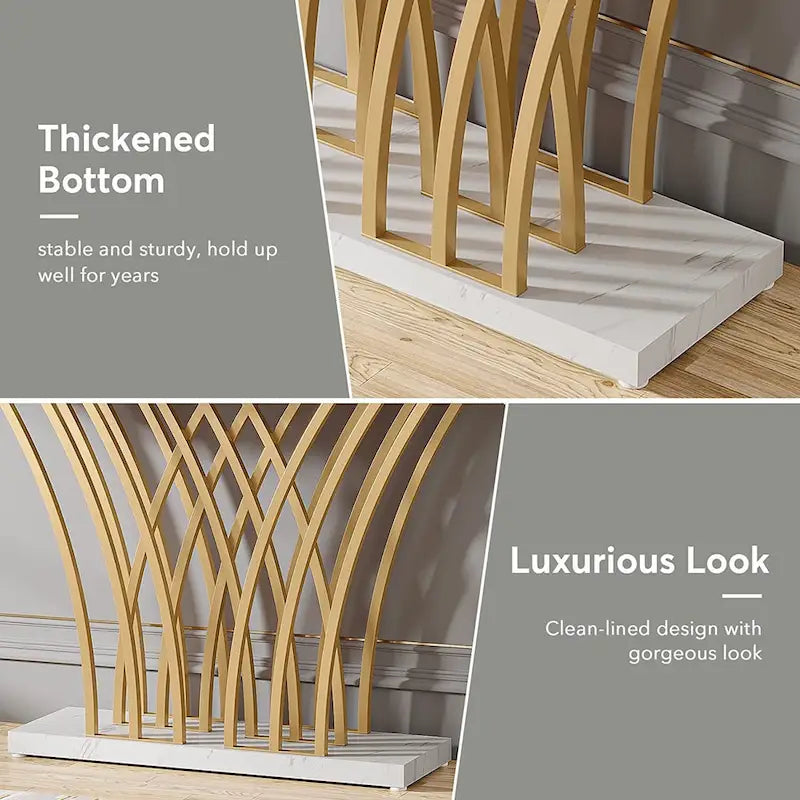 Console de 150 cm, table d'entrée en faux marbre doré et blanc