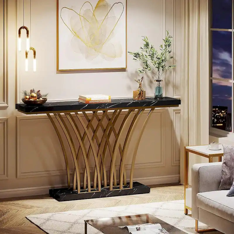 Console de 150 cm, table d'entrée en faux marbre doré et blanc