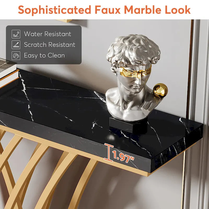 Console de 150 cm, table d'entrée en faux marbre doré et blanc