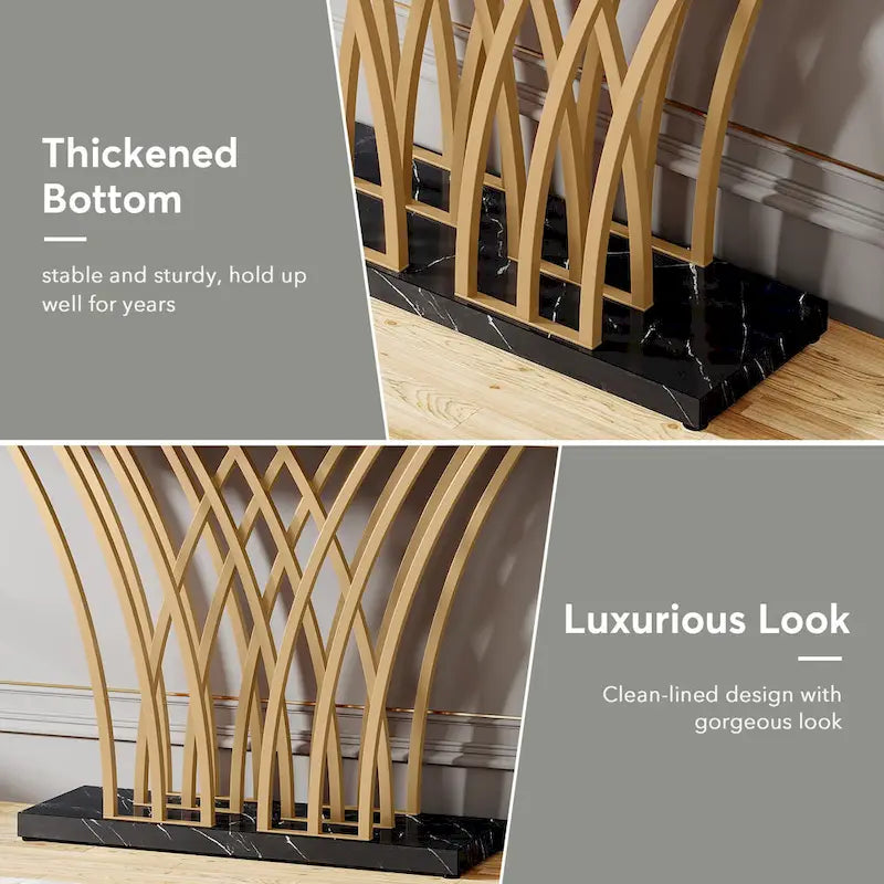 Console de 150 cm, table d'entrée en faux marbre doré et blanc