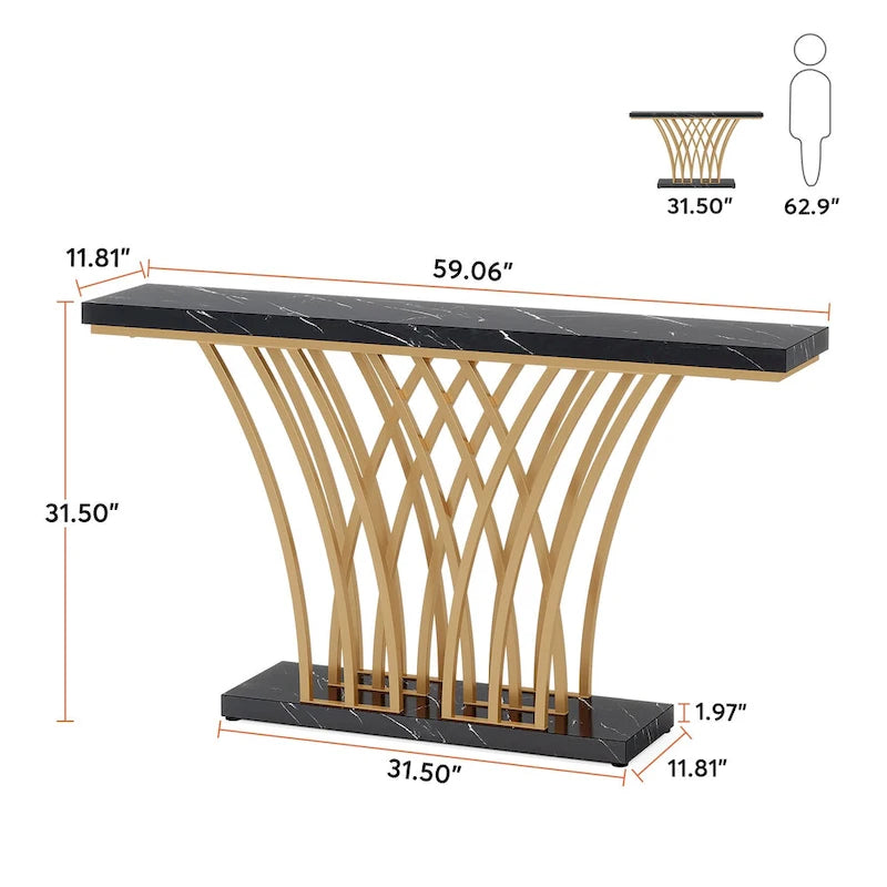 Console de 150 cm, table d'entrée en faux marbre doré et blanc