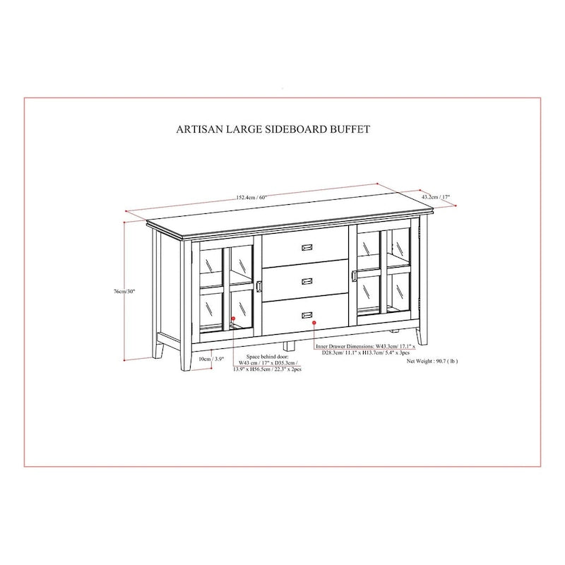 Buffet contemporain WYNDENHALL Stratford en bois massif, 152 cm de large, couleur brun roux - 43 cm de profondeur x 152 cm de largeur x 76 cm de hauteur