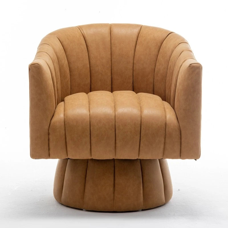 SEYNAR Mid-Century Swivel PU Leather Tufted Round Accent Barrel Chair