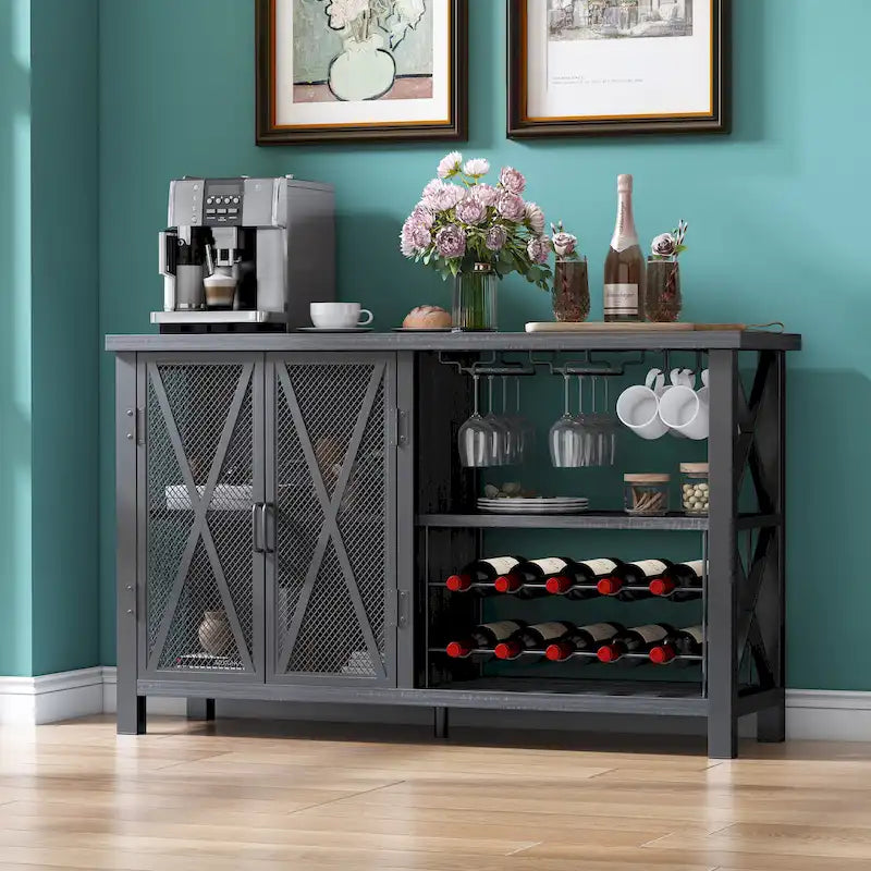 Buffet bar Myhozm avec casier à vin, meuble de rangement moderne pour bar à vin et salle à manger, gris/marron