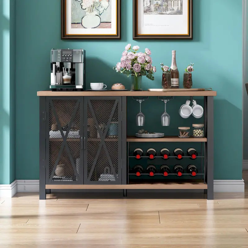 Buffet bar Myhozm avec casier à vin, meuble de rangement moderne pour bar à vin et salle à manger, gris/marron