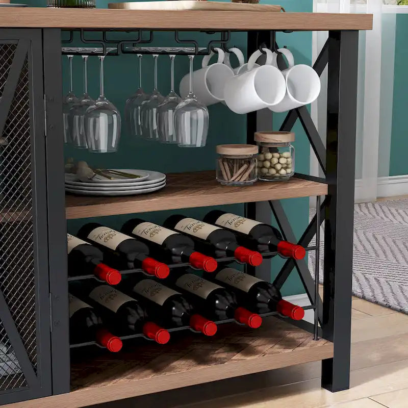 Buffet bar Myhozm avec casier à vin, meuble de rangement moderne pour bar à vin et salle à manger, gris/marron
