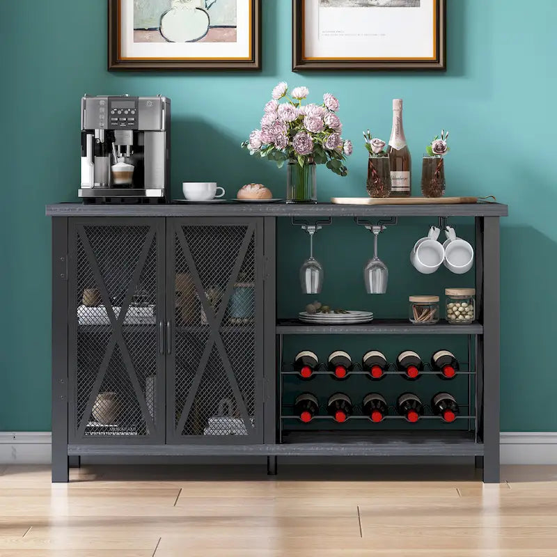 Buffet bar Myhozm avec casier à vin, meuble de rangement moderne pour bar à vin et salle à manger, gris/marron