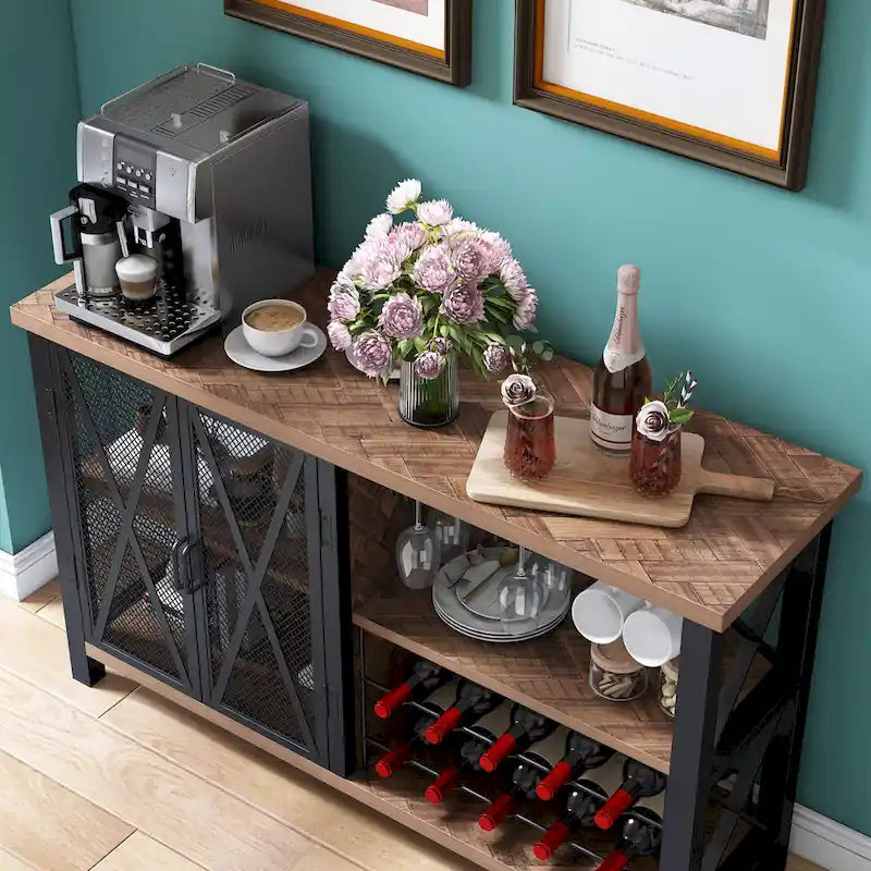 Buffet bar Myhozm avec casier à vin, meuble de rangement moderne pour bar à vin et salle à manger, gris/marron
