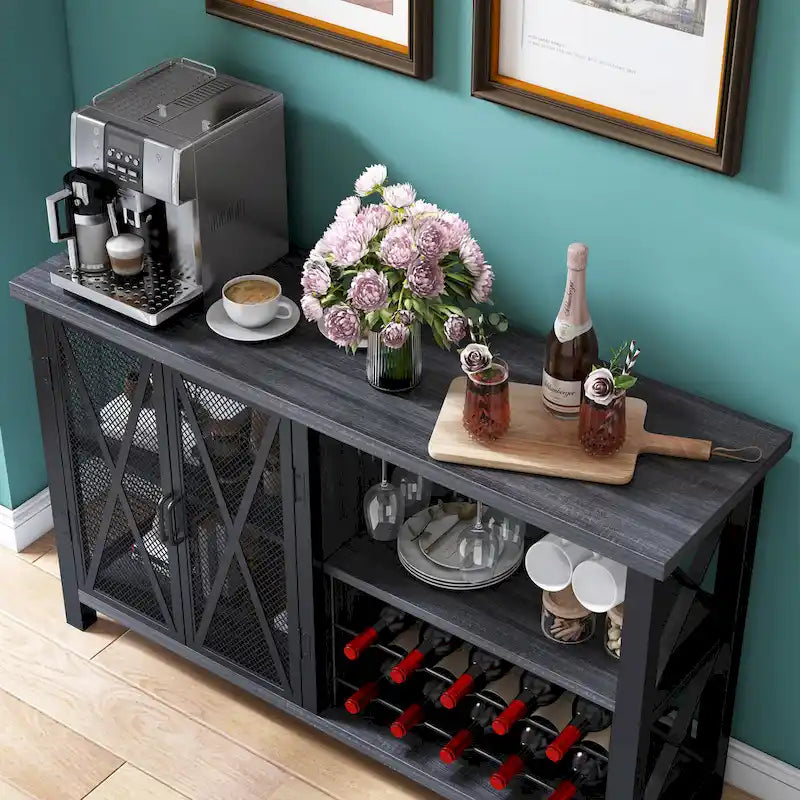 Buffet bar Myhozm avec casier à vin, meuble de rangement moderne pour bar à vin et salle à manger, gris/marron