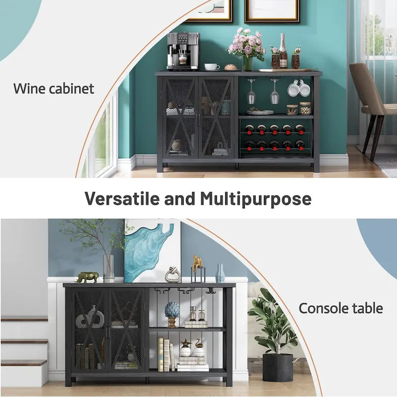 Buffet bar Myhozm avec casier à vin, meuble de rangement moderne pour bar à vin et salle à manger, gris/marron