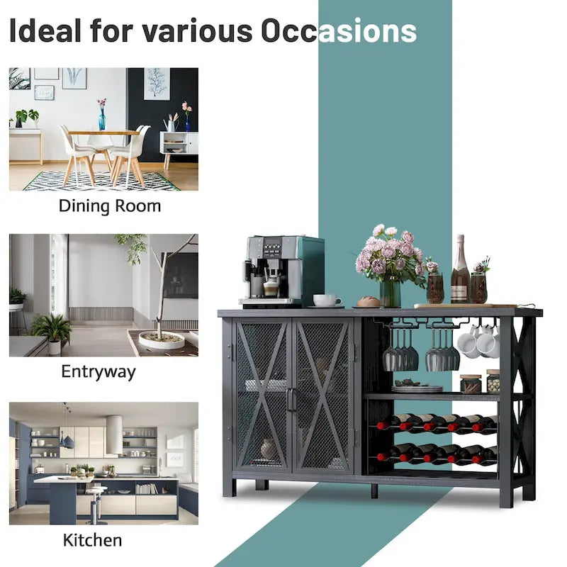 Buffet bar Myhozm avec casier à vin, meuble de rangement moderne pour bar à vin et salle à manger, gris/marron