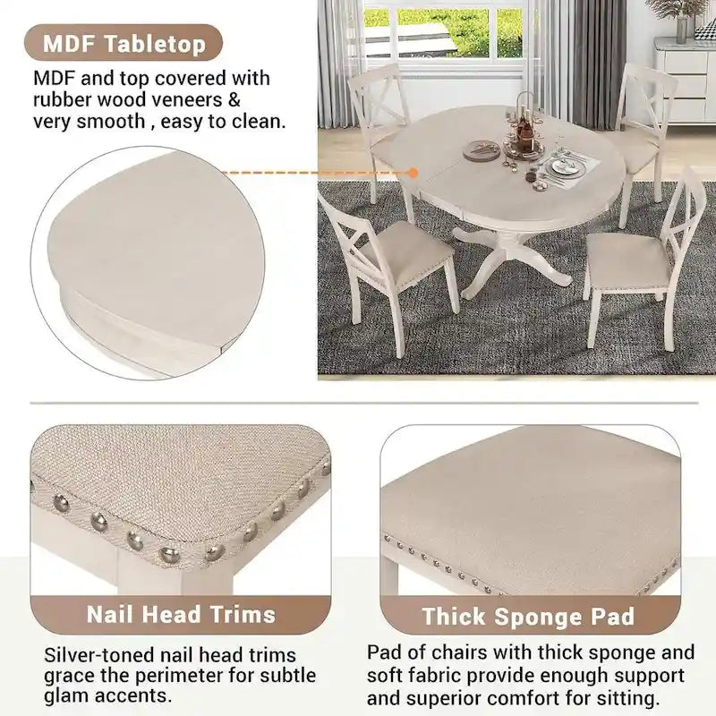 Ensemble table et chaises de salle à manger rondes extensibles style ferme, 42-54 pouces, pour 4 personnes