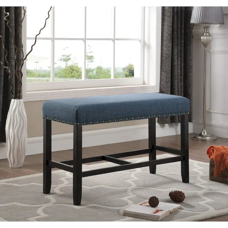 Roundhill Furniture Biony Blue Fabric Pub-Height 25.5   Dining Bench with Nailhead Trim