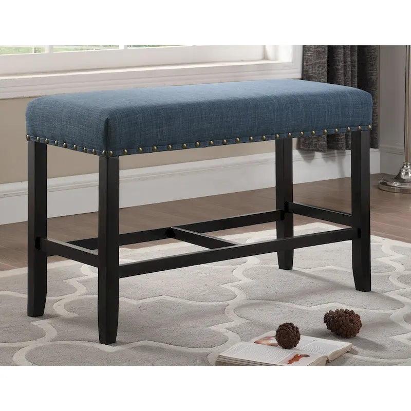 Banc de salle à manger Roundhill Furniture Biony en tissu bleu, hauteur pub (65 cm), avec garniture cloutée.