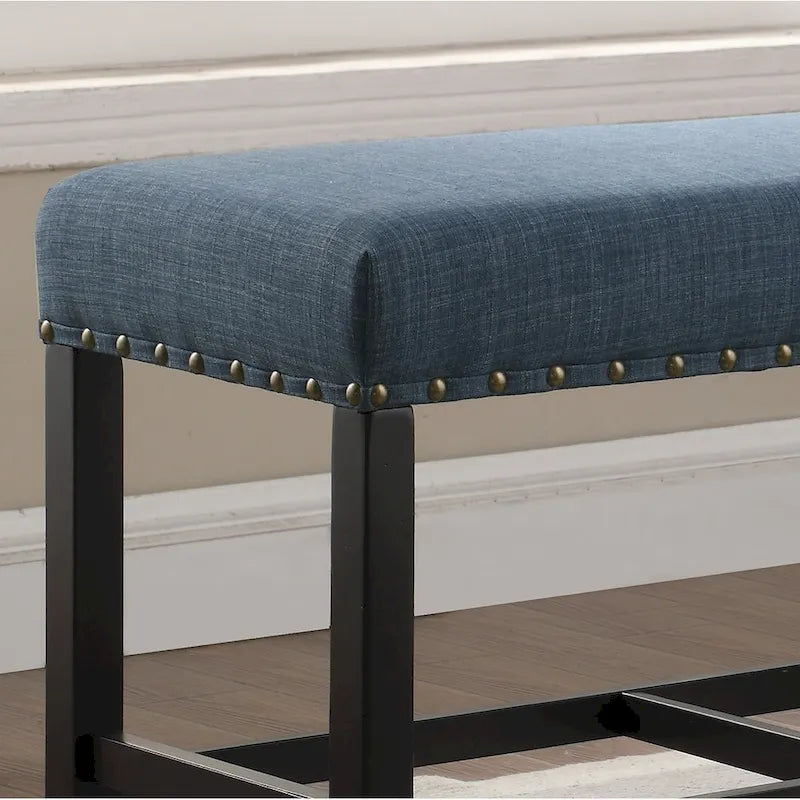 Banc de salle à manger Roundhill Furniture Biony en tissu bleu, hauteur pub (65 cm), avec garniture cloutée.