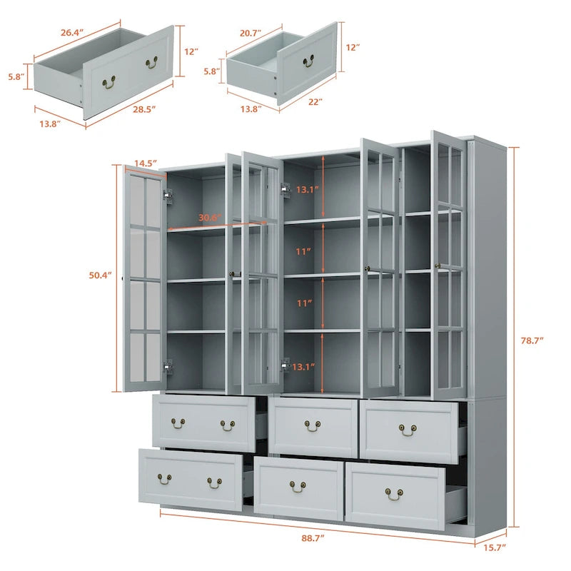 Buffet-bibliothèque combiné 78,7 cm avec étagère en verre et vitrine