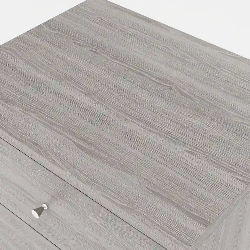 Table de chevet DH BASIC style moderne du milieu du siècle, gris vieilli, à 2 tiroirs avec poignées, par Denhour