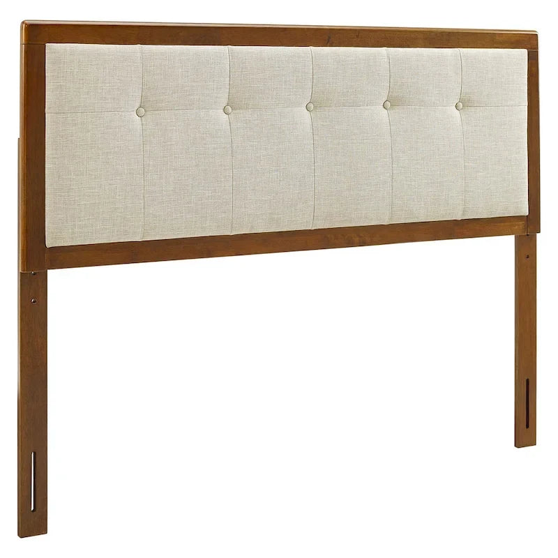 Tête de lit Marlin traditionnelle en tissu beige capitonné à boutons, format king, en bois de noyer
