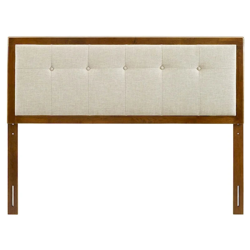 Tête de lit Marlin traditionnelle en tissu beige capitonné à boutons, format king, en bois de noyer